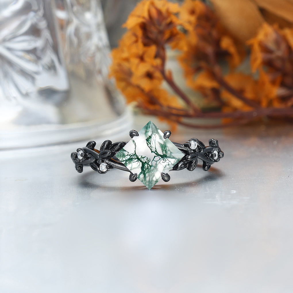 Fascinating Moss Agate Engagement Couples Ring 925 Sterling Silver And Tungsten Matching Ring