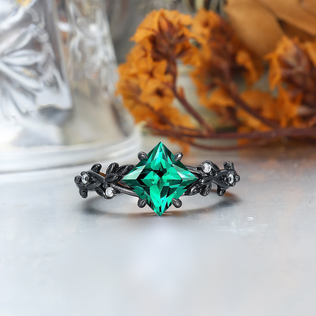 Interlaced Leaf Branches Emerald Engagement Rings For Couples Matching Green Tungsten Wedding Bands