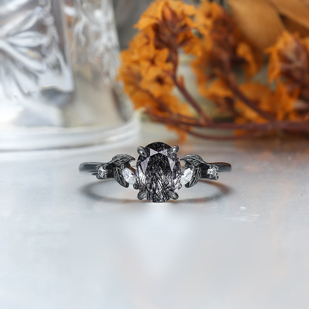 Elegant Black Rutilated Quartz Leaf Accents Engagement Rings For Couples Hammered Black Tungsten Bands