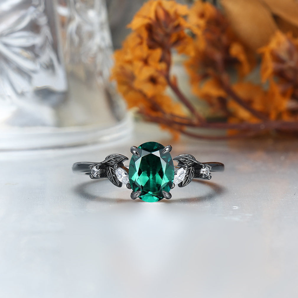 Noble Oval Cut Emerald Branches Leaves Couples Ring Set Green Tungsten Matching Ring