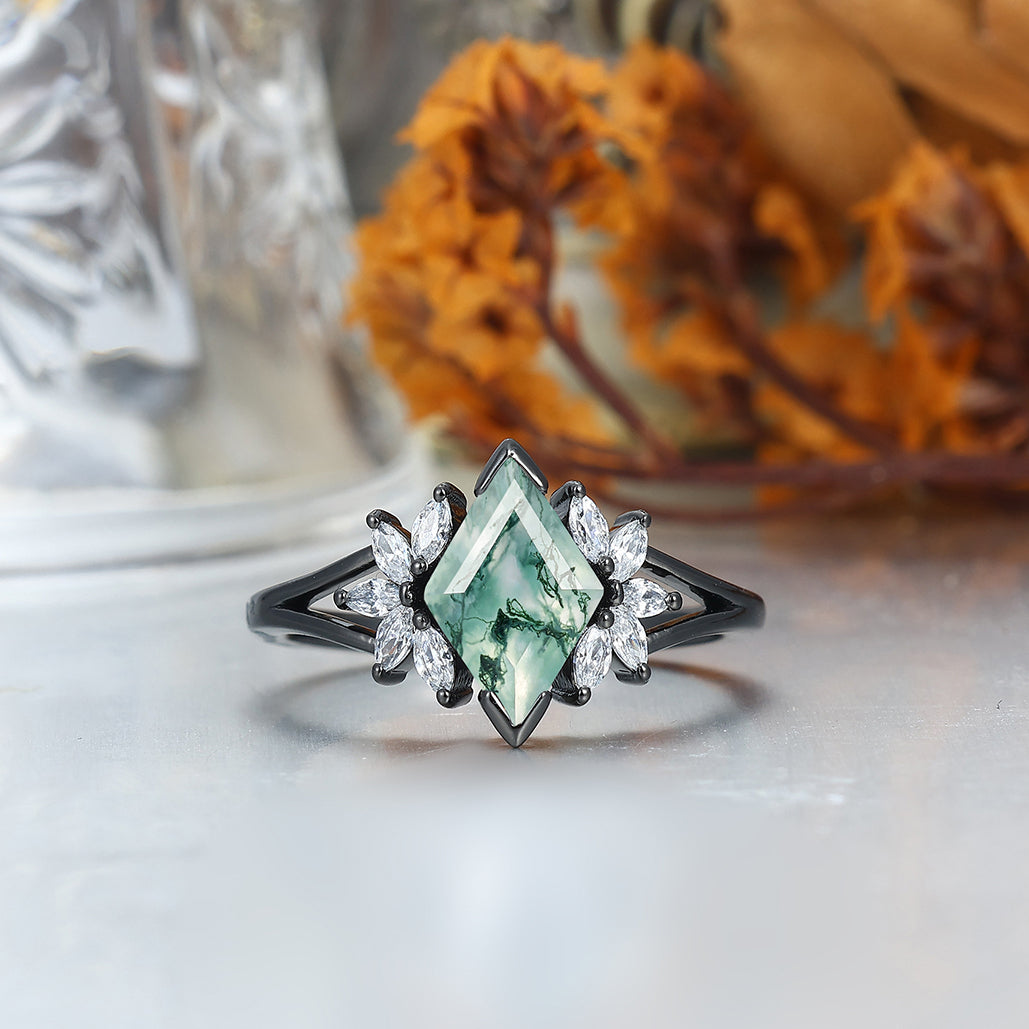 Romantic Moss Agate Engagement Couple Rings Set Promise Black Tungsten Wedding Ring Set