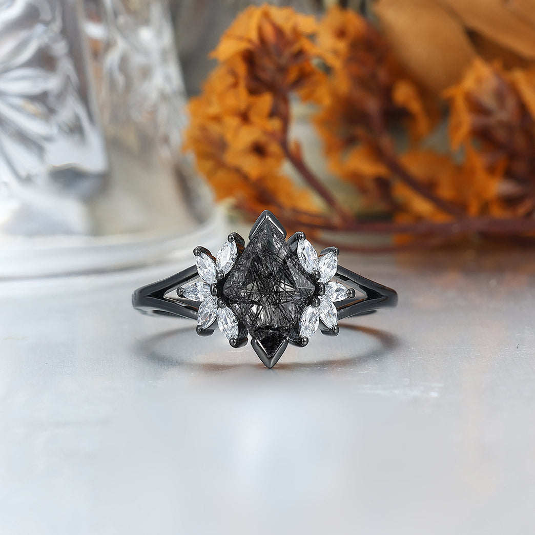 Personalized Black Rutilated Quartz Cluster Engagement Couple Rings Black Tungsten Band For Men And Women