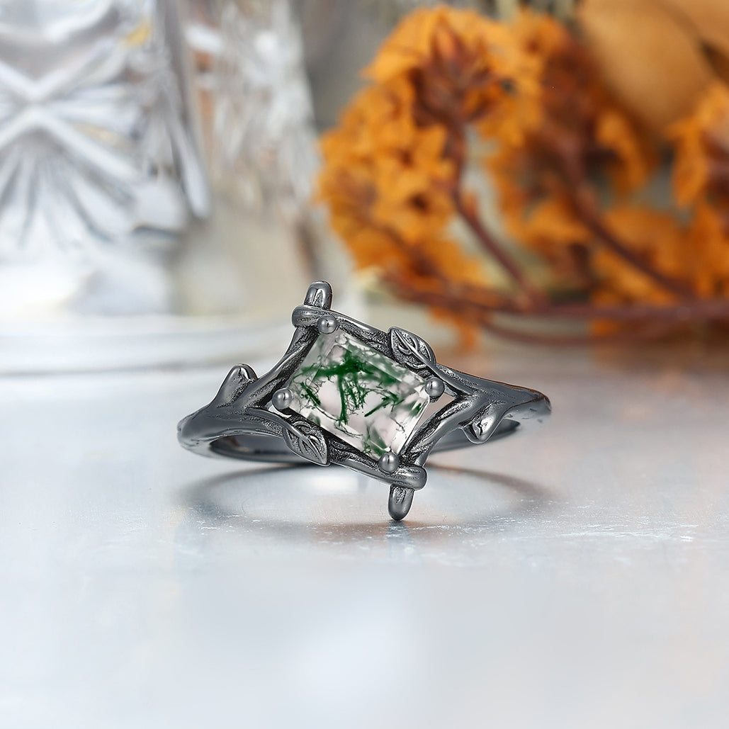 Branches Natural Moss Agate Rings For Couples Matching Promise Peacock Green Opal Tungsten Ring