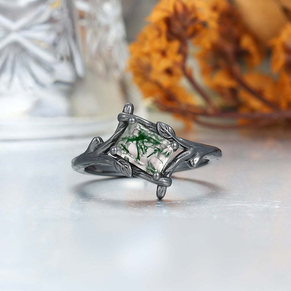 Solitaire Branches Natural Moss Agate Rings For Couples Matching Promise Hammered Tungsten Ring