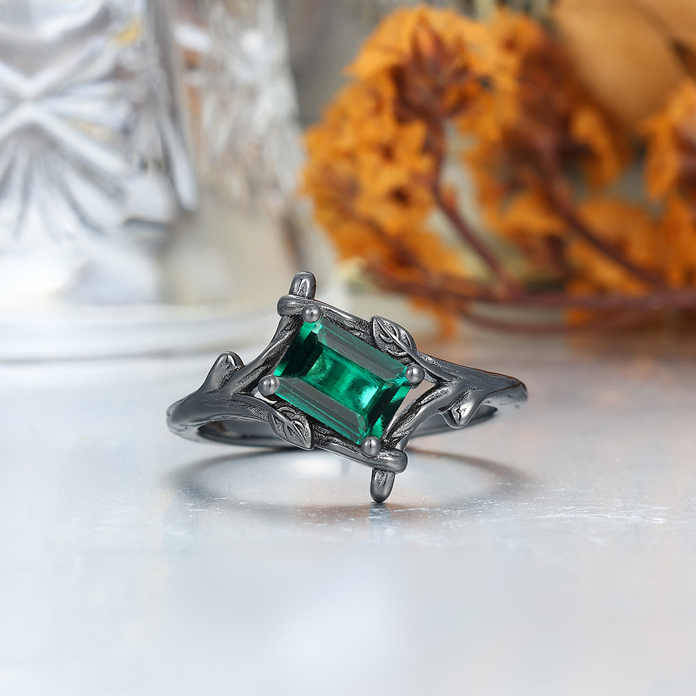 Solitaire Emerald Branch Engagement Couple Rings Matching Tungsten Marriage Ring