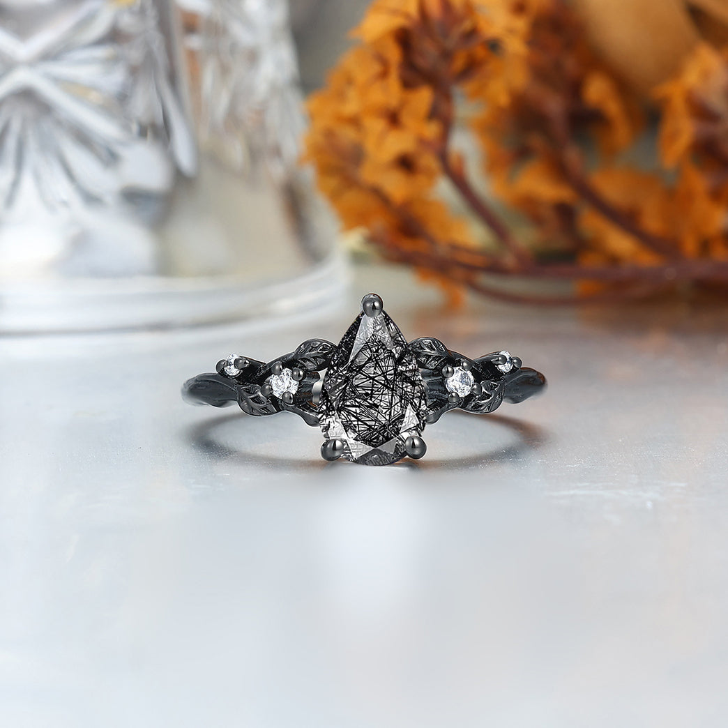 Exquisite Black Rutilated Quartz Leaves Engagement Couple Rings Tungsten Matching Promise Rings