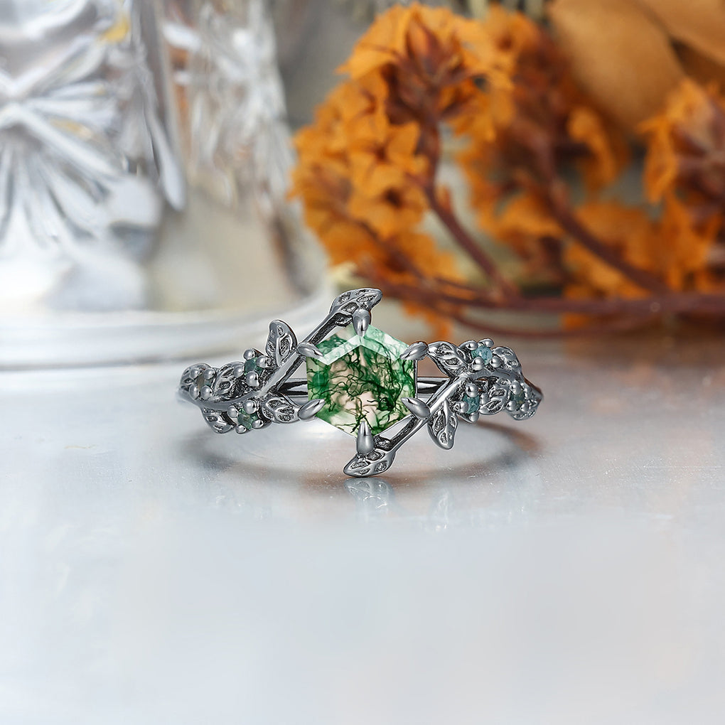 Gorgeous Green Moss Agate Leaf Couples Ring Set His and Hers Wedding Band 925 Sterling Silver