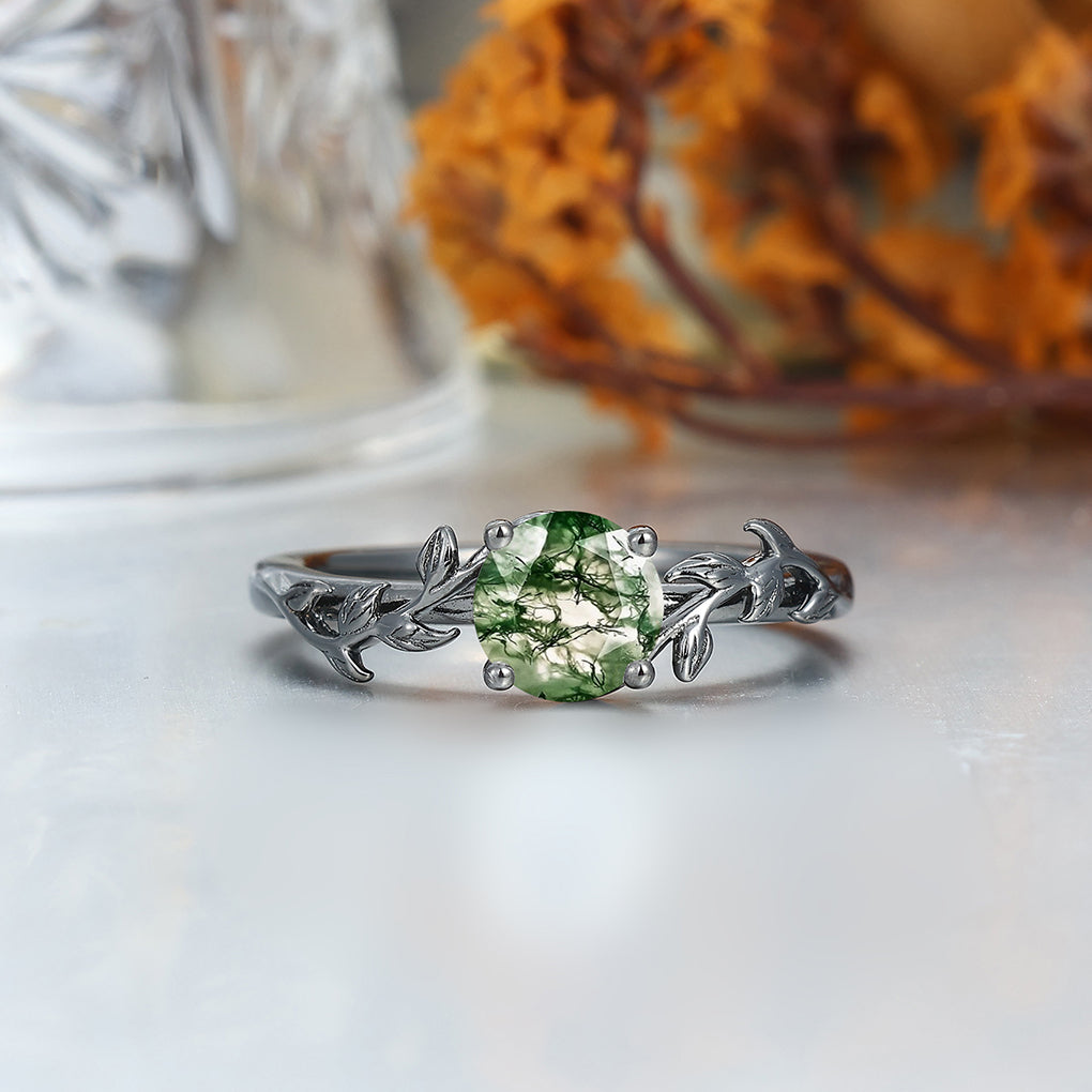 Solitaire Round Cut Moss Agate Couples Ring Set Silver And Green Tungsten Matching Ring