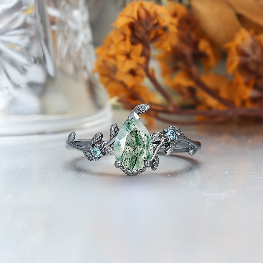 Vintage Pear Cut Moss Agate His and Hers Wedding Band Leaf Branch Black Plated Couples Ring