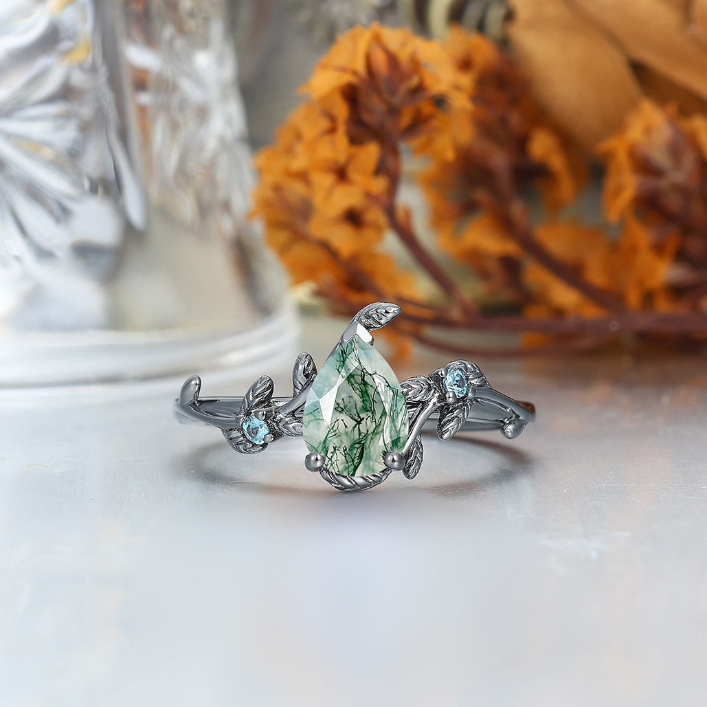 Classic Pear Emerald Leaves Vines Engagement Couple Rings Wedding Bands For Men And Women