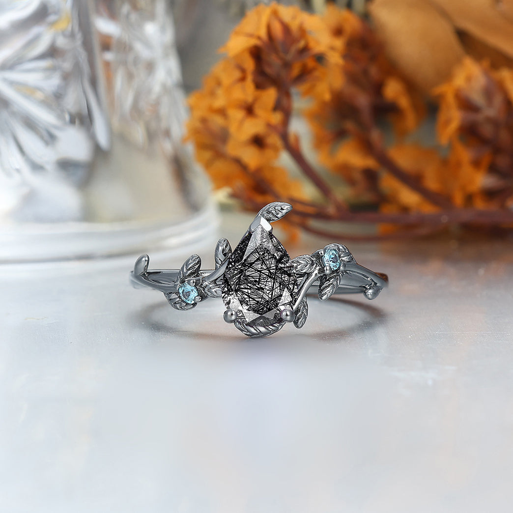 Promise Pear Shape Black Rutilated Quartz Engagement Alexandrite Inlaid Couples Ring Set