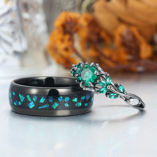 Emerald Engagement Couples Ring Set And Peacock Opal Tungsten Matching Ring His and Hers Ring Set