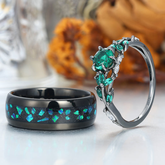 Emerald Engagement Couples Ring Set And Peacock Opal Tungsten Matching Ring His and Hers Ring Set