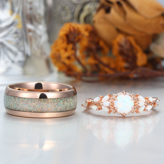 Leaf Design Pink White Opal Couples Ring Set Rose Gold Plated Matching Promise His and Hers Wedding Rings