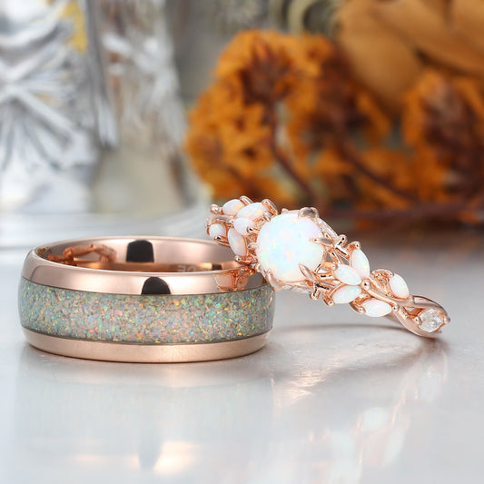 Leaf Design Pink White Opal Couples Ring Set Rose Gold Plated Matching Promise His and Hers Wedding Rings