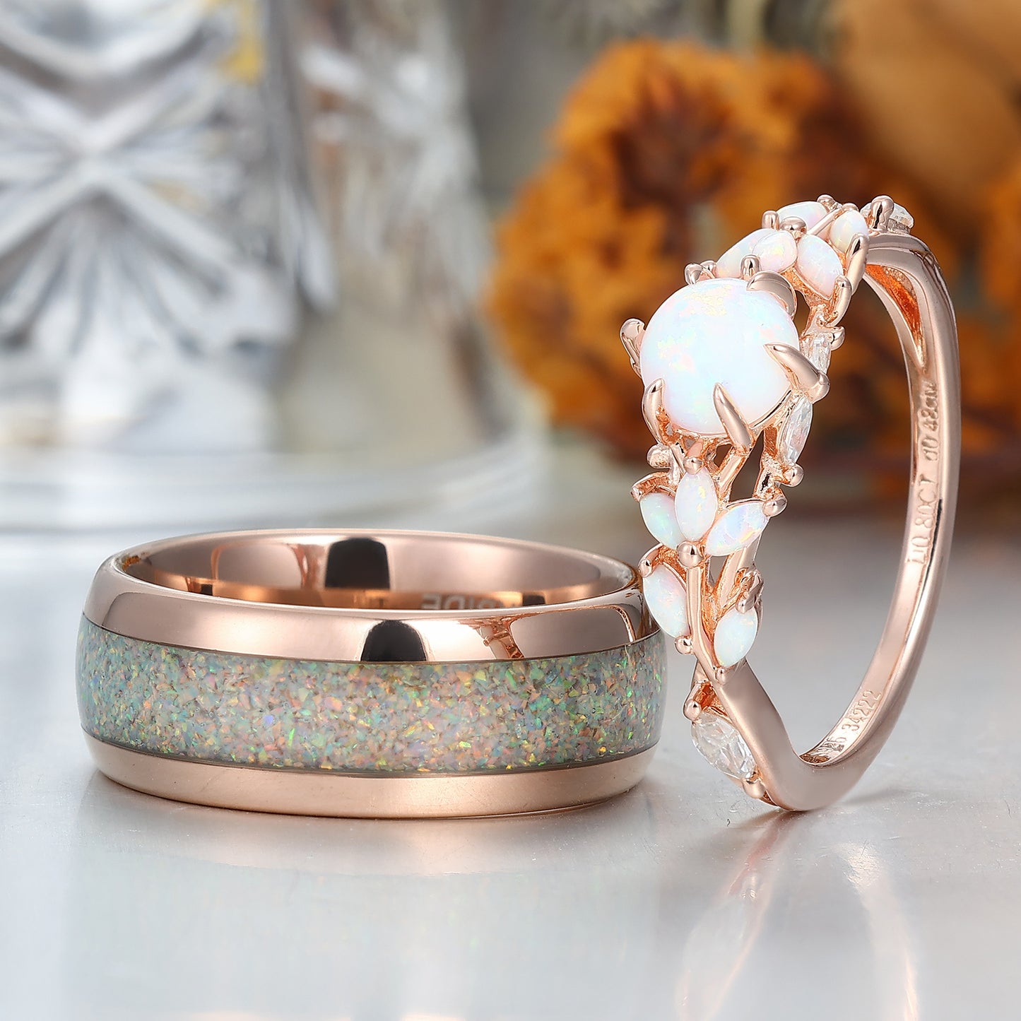 Leaf Design Pink White Opal Couples Ring Set Rose Gold Plated Matching Promise His and Hers Wedding Rings