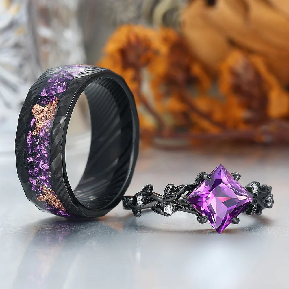 Custom Order - Interlaced Leaf Branches Amethyst Engagement Rings For Couples Matching Purple Damascus Steel Wedding Bands
