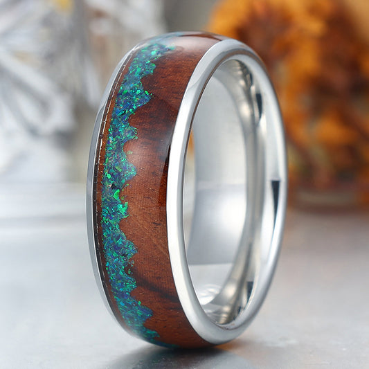 Peacock Green Opal Fashion Men's 8mm Tungsten Steel Wedding Ring Black Silver Promise Ring
