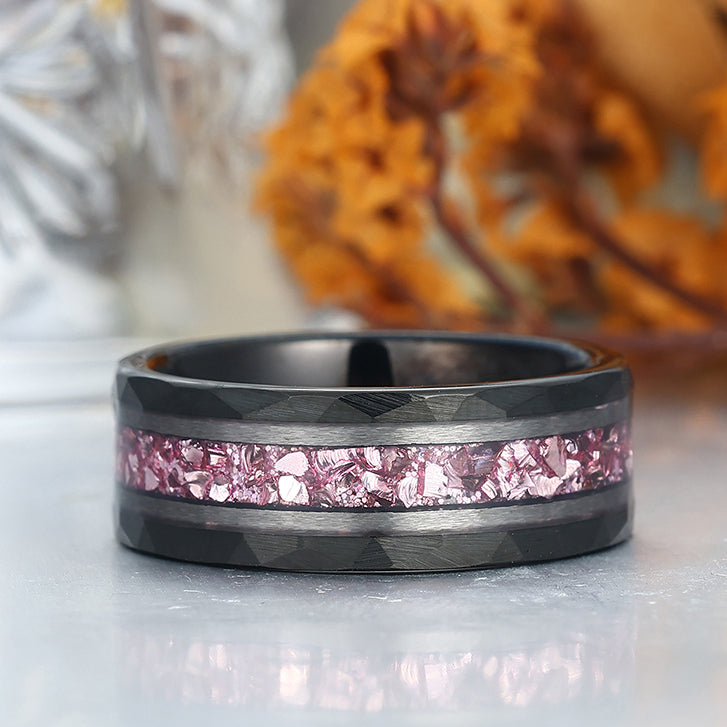 Men's 8mm Tungsten Ring Pink Sapphire Inset Wedding Ring - Black, Rose Gold, Yellow Gold Anniversary & Promise Ring