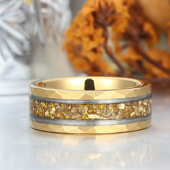 8mm Yellow Citrine Mens Engagement Band Hammered Promise Ring for Him And Her