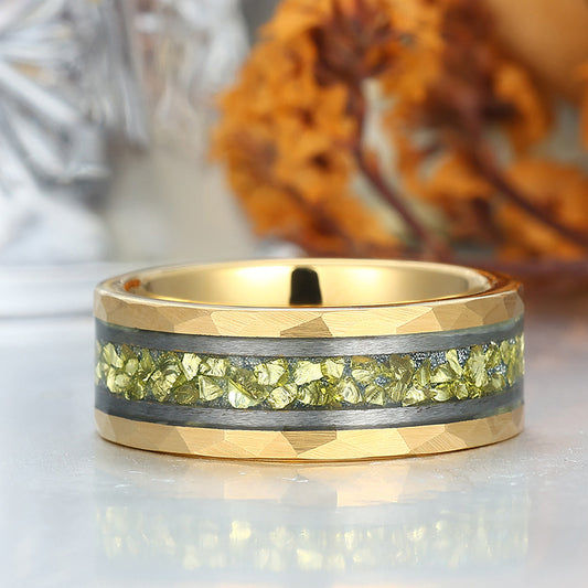 Crushed Peridot Wedding Band Yellow Green Mens Tungsten Ring Promise Statement Ring