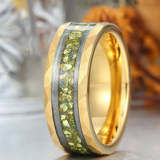 Crushed Peridot Wedding Band Yellow Green Mens Tungsten Ring Promise Statement Ring