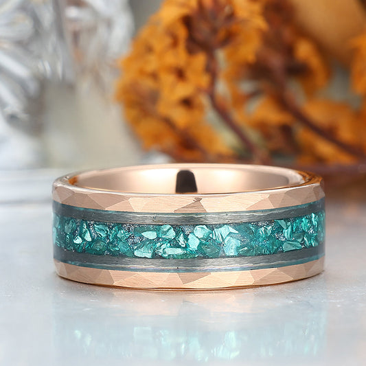 Aquamarine Hammered Hammered Tungsten Wedding Band For Men And Women 8mm Engraving Ring