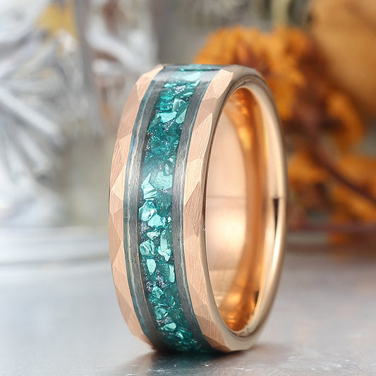 Aquamarine Hammered Hammered Tungsten Wedding Band For Men And Women 8mm Engraving Ring