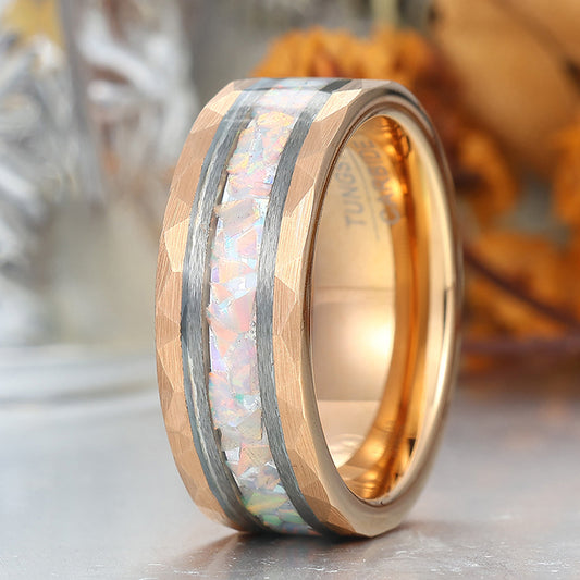 Pink White Opal Men's 8mm Tungsten Wedding Ring - Black, Rose Gold, Yellow Gold Anniversary & Promise Ring