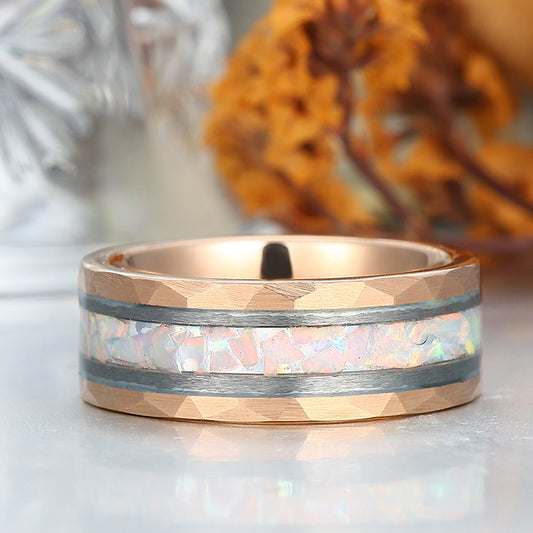 Pink White Opal Men's 8mm Tungsten Wedding Ring - Black, Rose Gold, Yellow Gold Anniversary & Promise Ring
