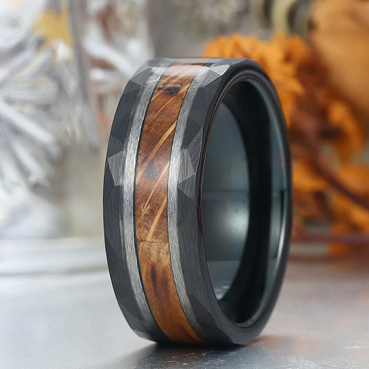 Unique Hammered Wood Men' s Tungsten Wedding Band Unisex Wooden Anniversary Brithday Ring
