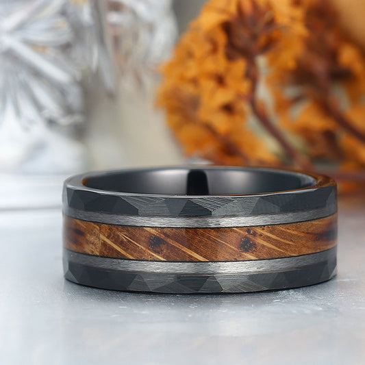 Unique Hammered Wood Men' s Tungsten Wedding Band Unisex Wooden Anniversary Brithday Ring