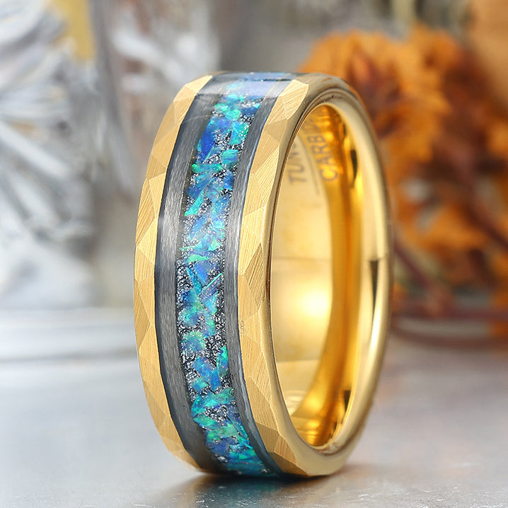 Elegant  Men's 8mm Tungsten Ring Blue Opal Inset - Black, Rose Gold, Yellow Gold Anniversary & Promise Ring