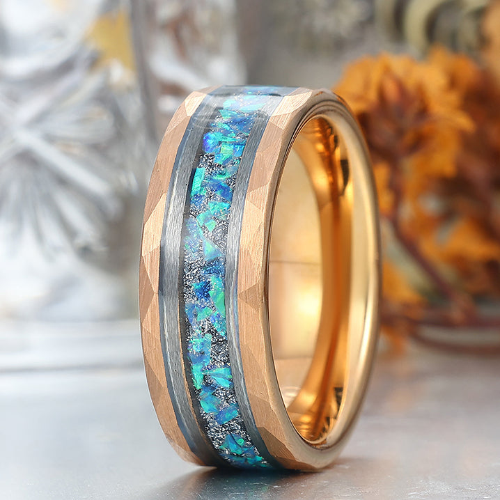 Elegant  Men's 8mm Tungsten Ring Blue Opal Inset - Black, Rose Gold, Yellow Gold Anniversary & Promise Ring