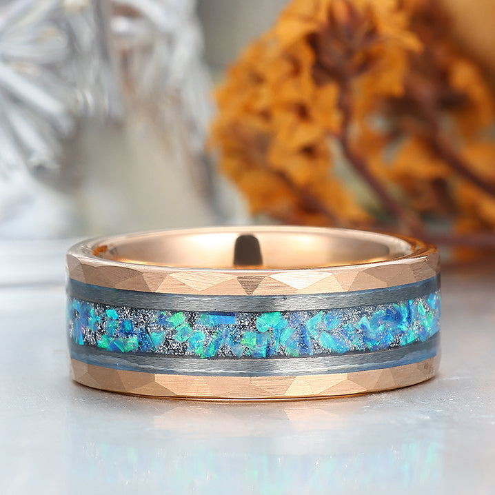 Elegant  Men's 8mm Tungsten Ring Blue Opal Inset - Black, Rose Gold, Yellow Gold Anniversary & Promise Ring