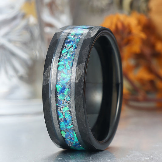 Elegant  Men's 8mm Tungsten Ring Blue Opal Inset - Black, Rose Gold, Yellow Gold Anniversary & Promise Ring