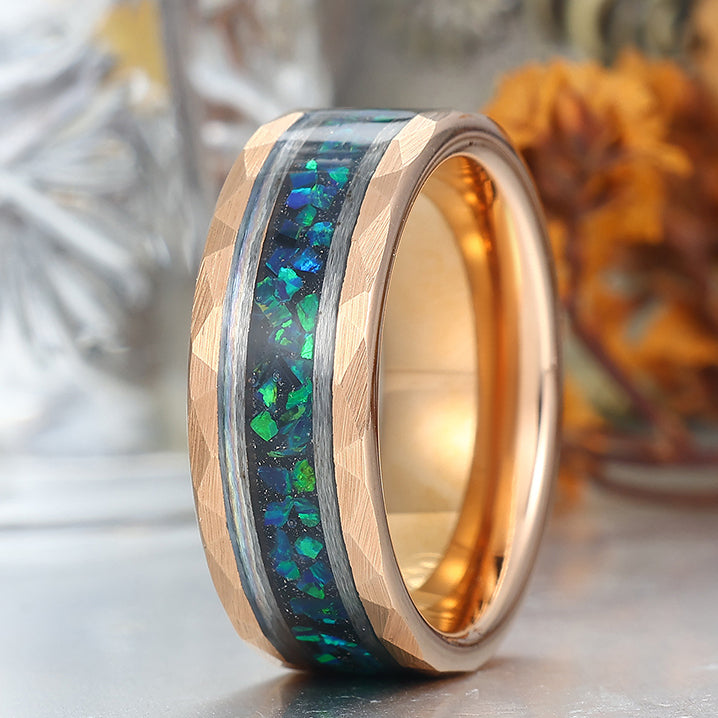 Stylish Men's 8mm Tungsten Ring Peacock Green Opal  - Black, Rose Gold, Yellow Gold Anniversary & Promise Band