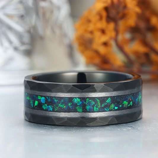 Stylish Men's 8mm Tungsten Ring Peacock Green Opal  - Black, Rose Gold, Yellow Gold Anniversary & Promise Band