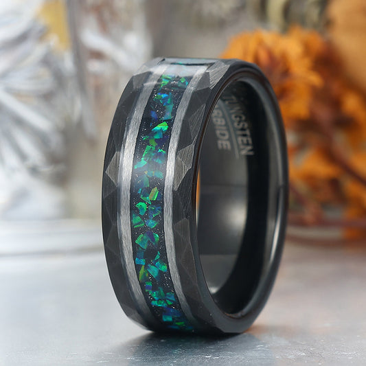 Stylish Men's 8mm Tungsten Ring Peacock Green Opal  - Black, Rose Gold, Yellow Gold Anniversary & Promise Band