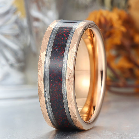 Red Fire Opal Wedding Band Men' s Opal Tungsten Ring Hammered Unisex Anniversary Ring