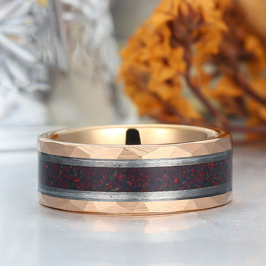 Red Fire Opal Wedding Band Men' s Opal Tungsten Ring Hammered Unisex Anniversary Ring