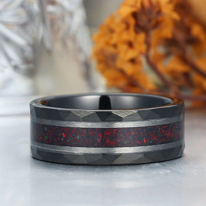 Red Fire Opal Wedding Band Men' s Opal Tungsten Ring Hammered Unisex Anniversary Ring