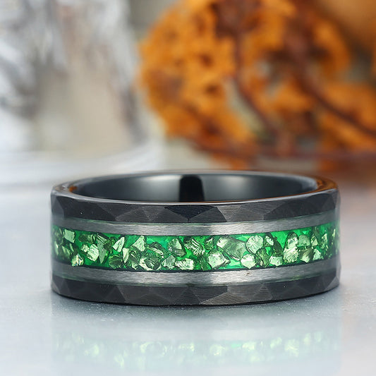Green Emerald Men' s Tungsten Ring Hammered Unisex Anniversary Birthday Wedding Band