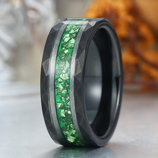 Green Emerald Men' s Tungsten Ring Hammered Unisex Anniversary Birthday Wedding Band