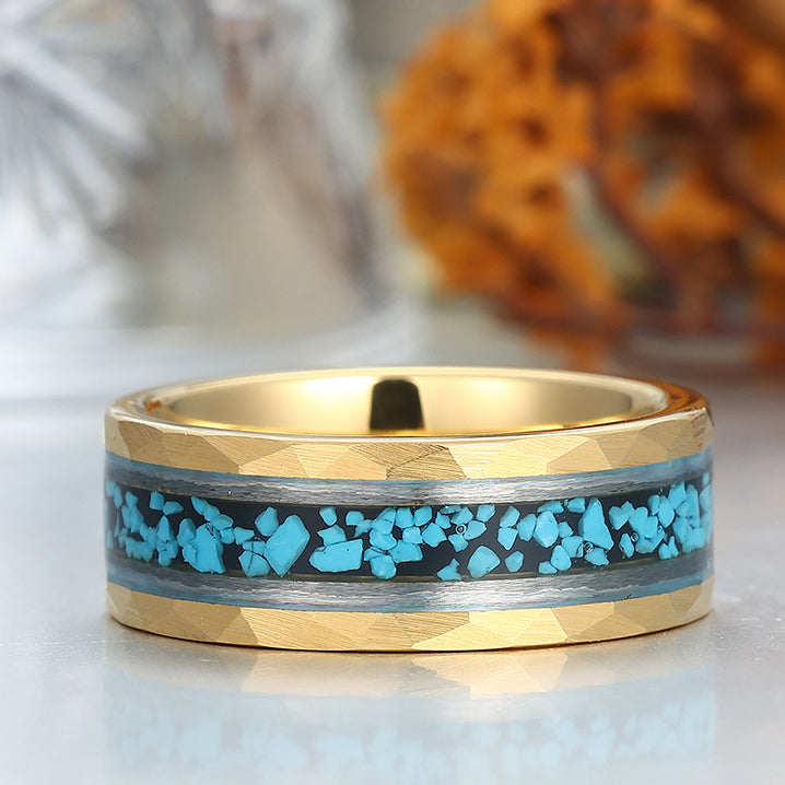 Unique Blue Green Turquoise Men' s Tungsten Ring Hammered Men And Women Anniversary Birthday Ring