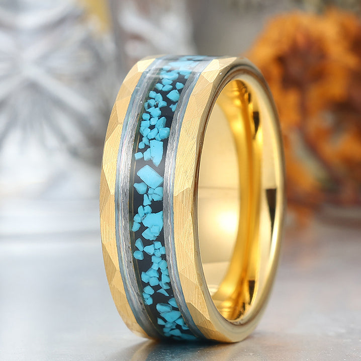 Unique Blue Green Turquoise Men' s Tungsten Ring Hammered Men And Women Anniversary Birthday Ring