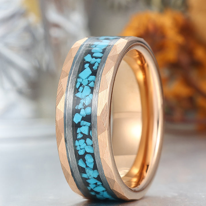 Unique Blue Green Turquoise Men' s Tungsten Ring Hammered Men And Women Anniversary Birthday Ring