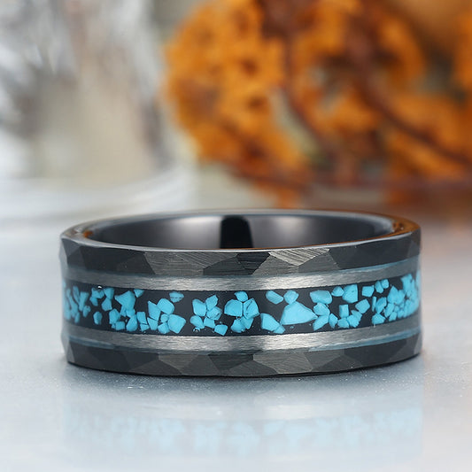 Unique Blue Green Turquoise Men' s Tungsten Ring Hammered Men And Women Anniversary Birthday Ring