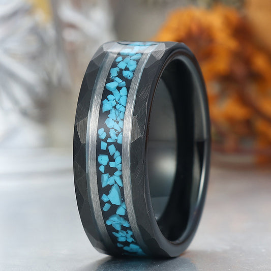 Unique Blue Green Turquoise Men' s Tungsten Ring Hammered Men And Women Anniversary Birthday Ring