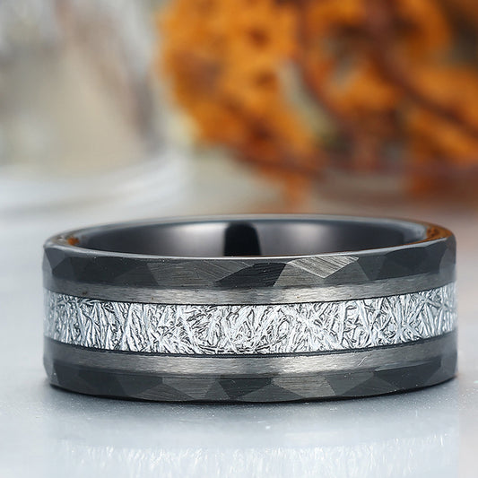 Unique Men's White Meteorite Inlay 8mm Tungsten Wedding Ring - Black, Rose, Yellow Gold Anniversary & Promise Band